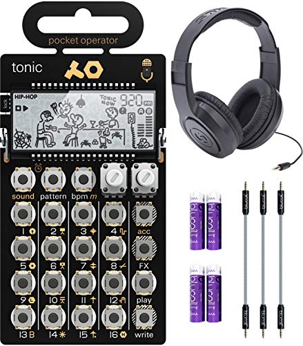 teen age engineering PO-32 Pocket Operator Tonic Drum Synth Bundle with Samson SR350 Over-Ear Stereo Headphones, Blucoil 3-Pack of 7" Audio Aux Cables, and 4 AAA Batteries