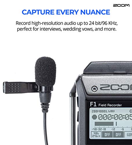 Zoom F1-LP Lavalier Body-Pack Recorder Bundle with Samson SR350 Over-Ear Stereo Headphones, Blucoil USB Wall Adapter, 5-FT Audio Aux Cable, 4 AAA Batteries, and 32GB microSDHC Memory Card with Adapter