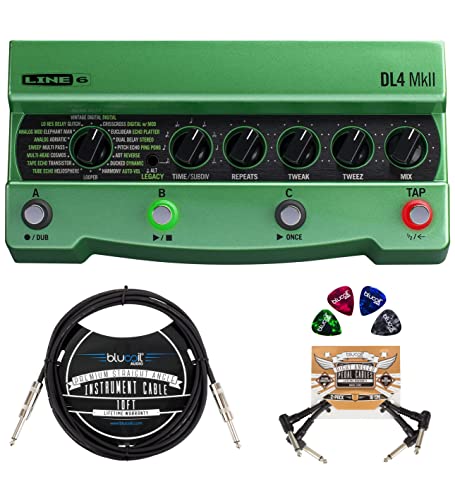 Line 6 DL4 MkII Delay Modeling Effects Pedal with Built-In Looper and MIDI Bundle with Blucoil 10' Straight Instrument Cable (1/4"), 2-Pack of Pedal Patch Cables, and 4-Pack of Celluloid Guitar Picks