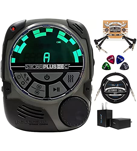 Peterson StroboPlus HDC Chromatic Handheld Strobe Tuner - Windows and Mac Compatible Bundle with Blucoil 10' Straight Instrument Cable (1/4"), 2x Patch Cables, 4x Guitar Picks and USB Wall Adapter
