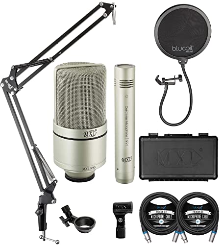 MXL 990/991 Large and Small Diaphragm Condenser Microphone Bundle with Blucoil 2-Pack of 10' XLR Cables, and Boom Arm Plus Pop Filter - for Vocals, Acoustic Guitars, and Drum Overheads