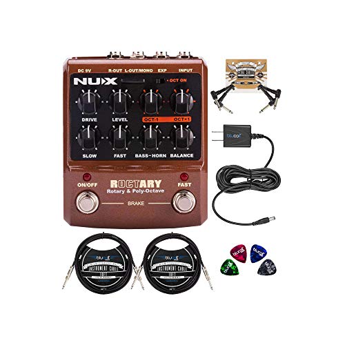 NUX Roctary Force Rotary Speaker Multi-Effects Pedal Bundle with Blucoil Slim 9V Power Supply AC Adapter, 2-Pack of 10-FT Straight Instrument Cables (1/4in), 2x Patch Cables, and 4x Guitar Picks