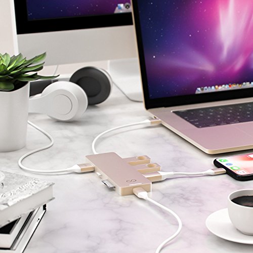Blucoil USB Type-C Hub with 4K HDMI, 3X USB 3.0, USB-C Pass-Through Charging Ports, MicroSD / SD Card Reader Slots - Compatible with MacBooks, Chromebooks, Mac and Windows Notebooks (Gold)
