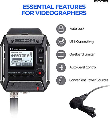 Zoom F1-LP Multitrack Recorder with Lavalier Microphone Bundle with 32GB microSDHC Memory Card with Adapter, Wired Lavalier Microphone, and Blucoil 4 AAA Batteries