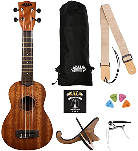 Kala Learn to Play Ukulele Soprano Starter Kit, Satin Mahogany - Includes Online Lessons, Tuner App, and Booklet (KALA-LTP-S) Bundle with Blucoil Ukulele Accessories Kit