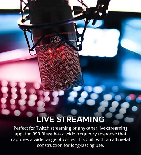 MXL 990 Blaze Condenser Microphone with Red LED Lights Bundle with Blucoil 4X 12 Acoustic Wedges, 10' XLR Cable, Boom Arm Plus Pop Filter, Aluminum Headphone Hook, and Samson SR350 Headphones