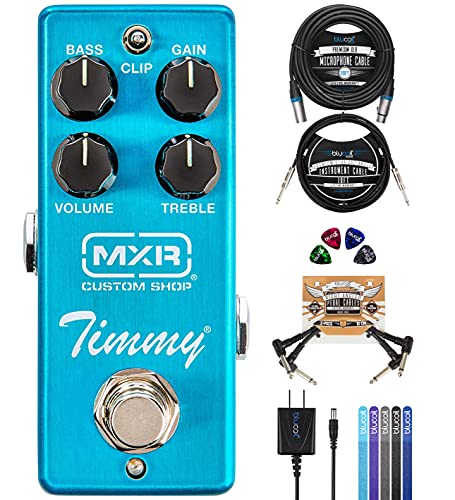 MXR Timmy Overdrive Guitar Effects Pedal (CSP027) Bundle with Blucoil 4x Guitar Picks, 10' Straight Instrument Cable (1/4"), 9V AC Adapter, 2x Patch Cables, 5x Cable Ties, and 20-FT Balanced XLR Cable