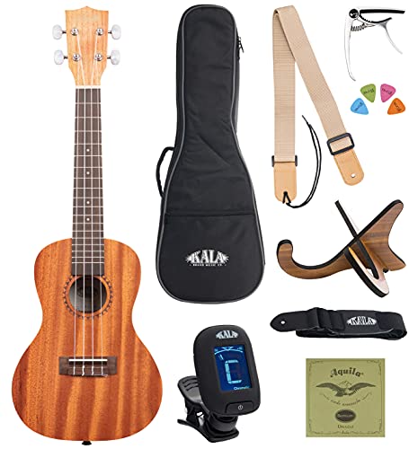 Kala KA-15C Satin Mahogany Concert Ukulele Bundle with Gig Bag, Klipz Chromatic Clip-On Tuner, Ukulele Strap, Aquila Super Nylgut Strings, Kala App, and Blucoil Ukulele Accessories Kit