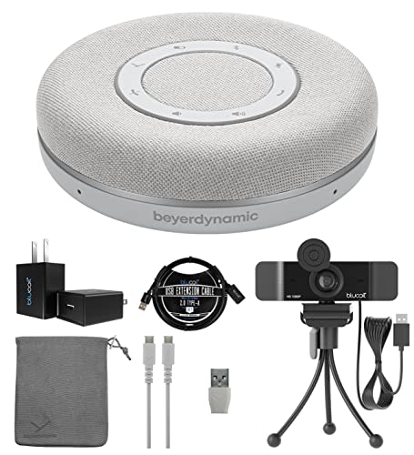 blucoil beyerdynamic Space Personal Bluetooth/USB Speakerphone (Nordic Grey) for Smartphone, Laptop Bundle 1080p USB Webcam with Built-in Microphone, 3' USB Extension Cable, and USB Wall Adapter