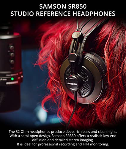 Audio-Technica AT2050 Multi-Pattern Condenser Microphone Bundle with Blucoil 10' XLR Cable, Boom Arm Plus Pop Filter, 4X 12 Acoustic Wedges, Aluminum Headphone Hook, and Samson SR850 Headphones