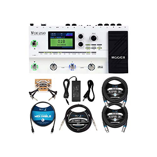 MOOER GE250 Guitar Amp Modelling and Multi-Effects Pedal Bundle with Blucoil 2-Pack of 10-FT Balanced XLR Cables, 10' Straight Instrument Cable (1/4"), 5' MIDI Cable, and 2-Pack of Pedal Patch Cables