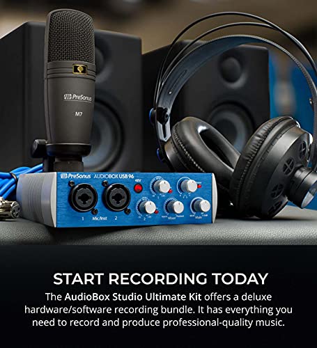 PreSonus AudioBox Studio Ultimate Bundle Complete Recording Kit with Studio Monitors and Studio One Artist, Blucoil 2x Isolation Pads, Adjustable Microphone Tripod Stand, and 4x 12" Acoustic Wedges