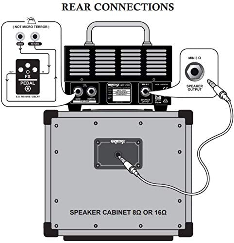 Orange Amps Micro Dark 20W Tube Hybrid Amplifier Head Bundle with PPC108 Cabinet (Black), Blucoil 10' Straight Instrument Cable (1/4"), 2-Pack of Pedal Patch Cables, and 4X Guitar Picks