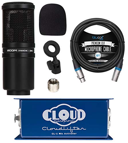 Cloud Microphones Cloud Lifter CL-1 Mic Activator Bundle with Zoom ZDM-1 Dynamic Microphone for Podcasts/Broadcasts/Music Recording, and Blucoil 10-FT Balanced XLR Cable
