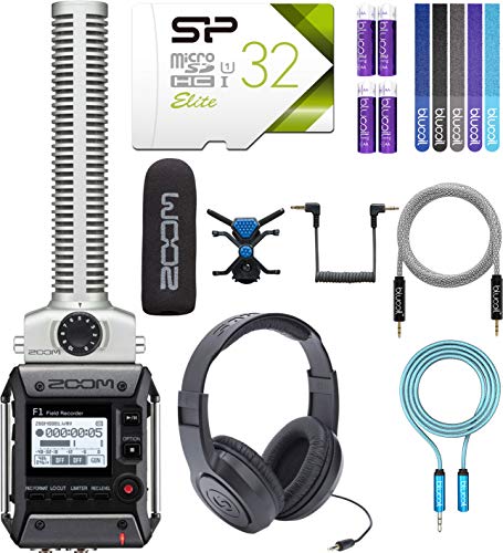 Zoom F1-SP Field Recorder Bundle with 32GB Class 10 SDHC MicroSD Card, SR350 Over Ear Stereo Headphones, Blucoil 6' 3.5mm Extension Cable, 5-FT Audio Aux Cable, 4 AAA Batteries, and 5x Cable Ties