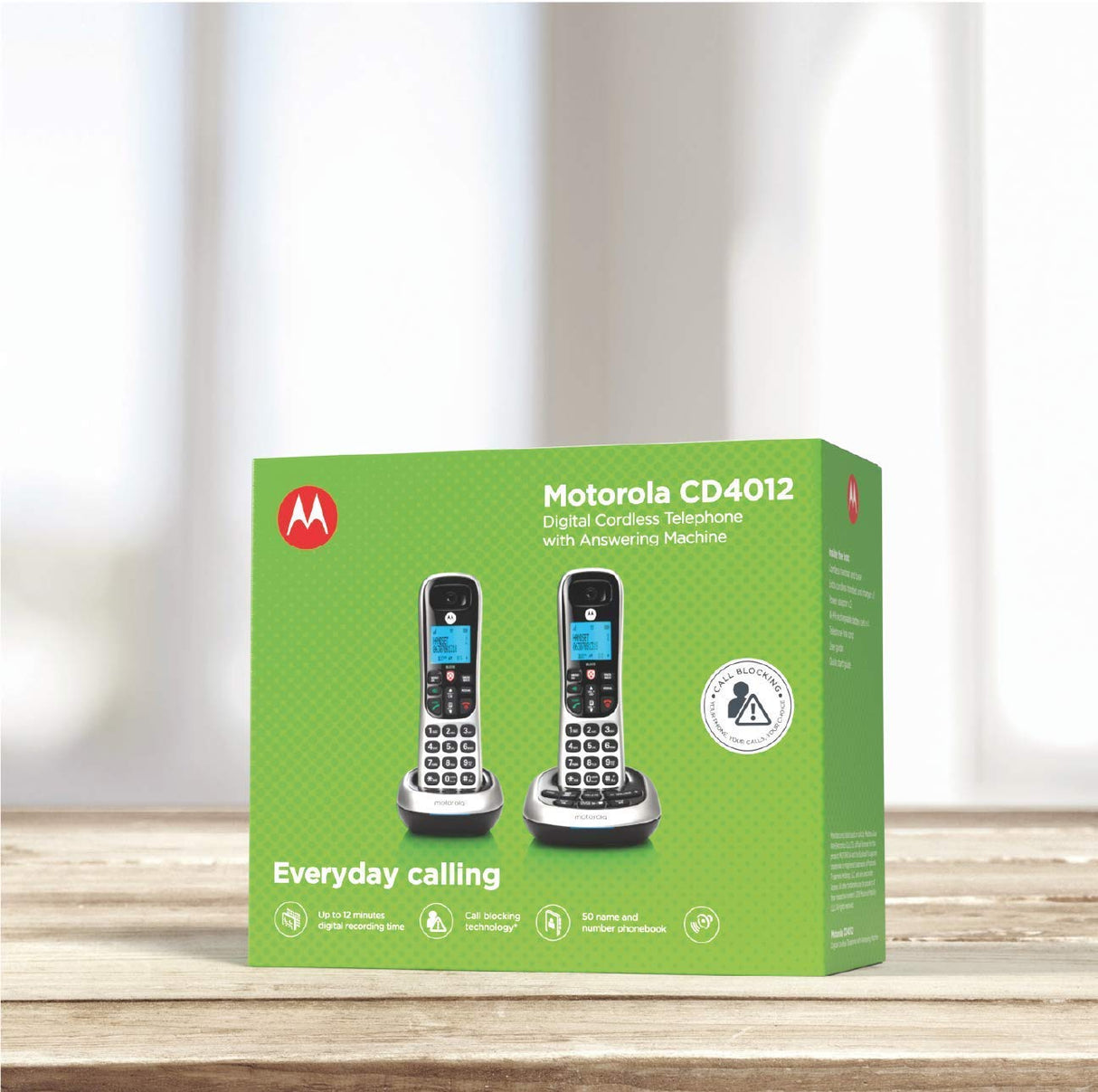 Motorola CD4012 DECT 6.0 Cordless Phones with Digital Answering Machine and Call Block (2-Pack) Bundle with Blucoil 10-FT 1 Gbps Cat5e Cable, and Reusable Cable Ties (5-Pack)