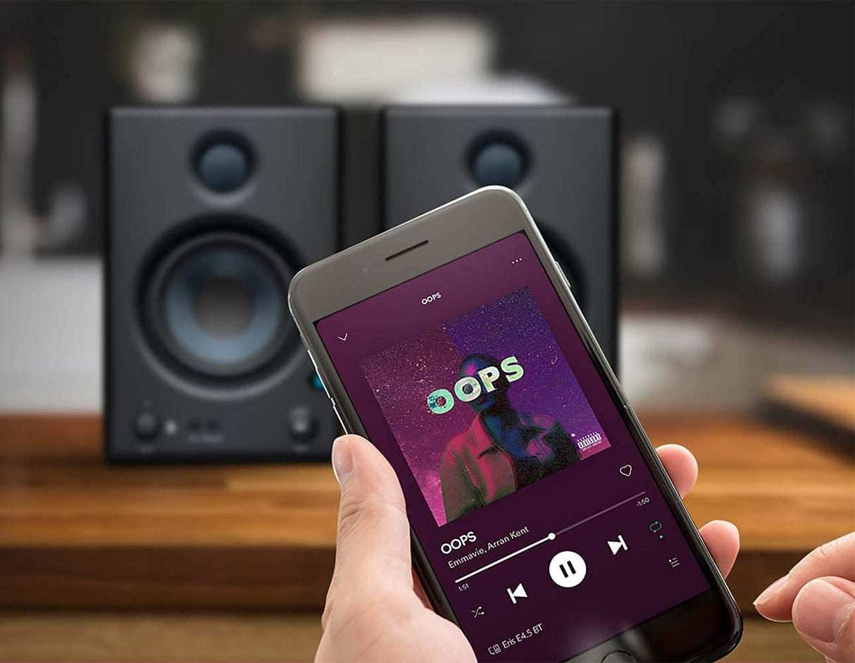 blucoil PreSonus Eris E4.5 BT Bluetooth Studio Monitors Bundle with Samson SR350 Headphones, 2X Isolation Pads, 10' Instrument, 6' 3.5mm Extension, 5' Aux Cables, 5X Cable Ties and 5000mAh Powerbank