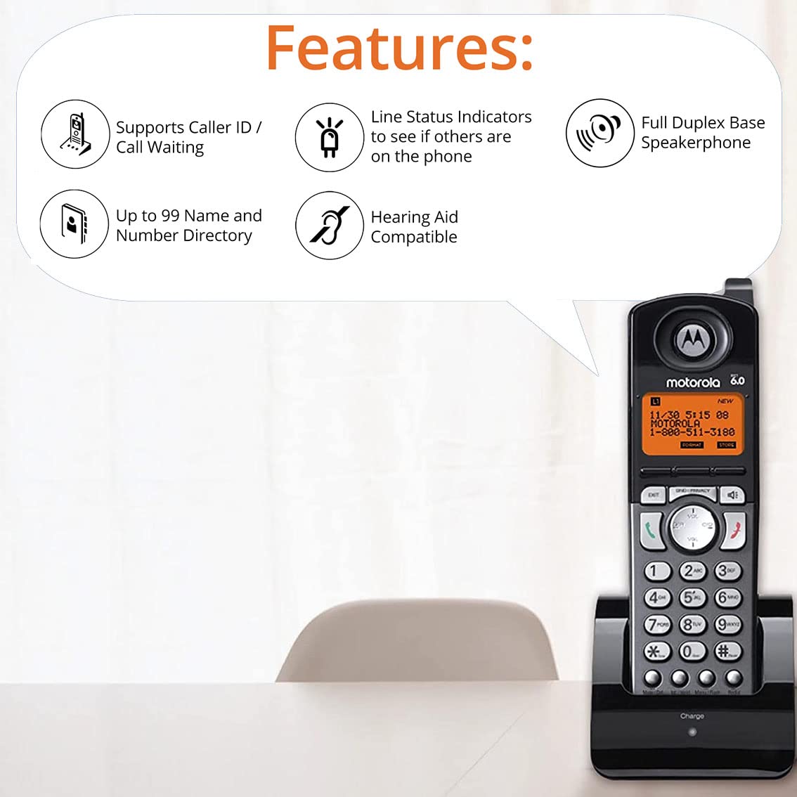 Motorola ML25260 2-Line Corded Phone with Full Duplex Speakerphone & Caller ID/Call Waiting Bundle with 3-Pack of ML25055 DECT 6.0 Cordless Handsets, Blucoil 10' Cat5e Cable, and 10 AAA Batteries