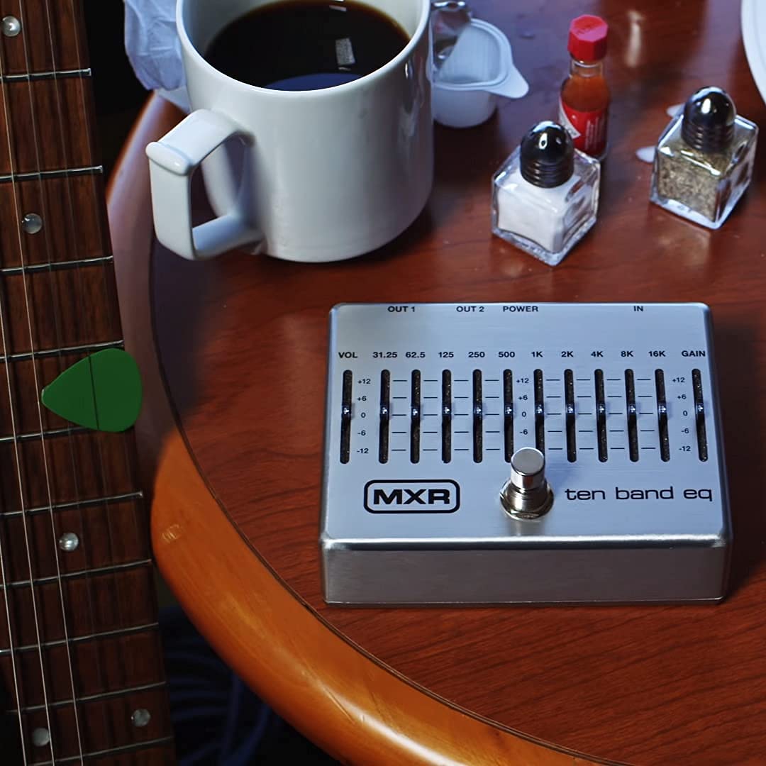 MXR M108S Ten Band EQ Guitar Effects Pedal with 18V Power Supply Bundle with Blucoil 10' Straight Instrument Cable (1/4"), 2x Patch Cables, 4x Guitar Picks, and 5x Cable Ties