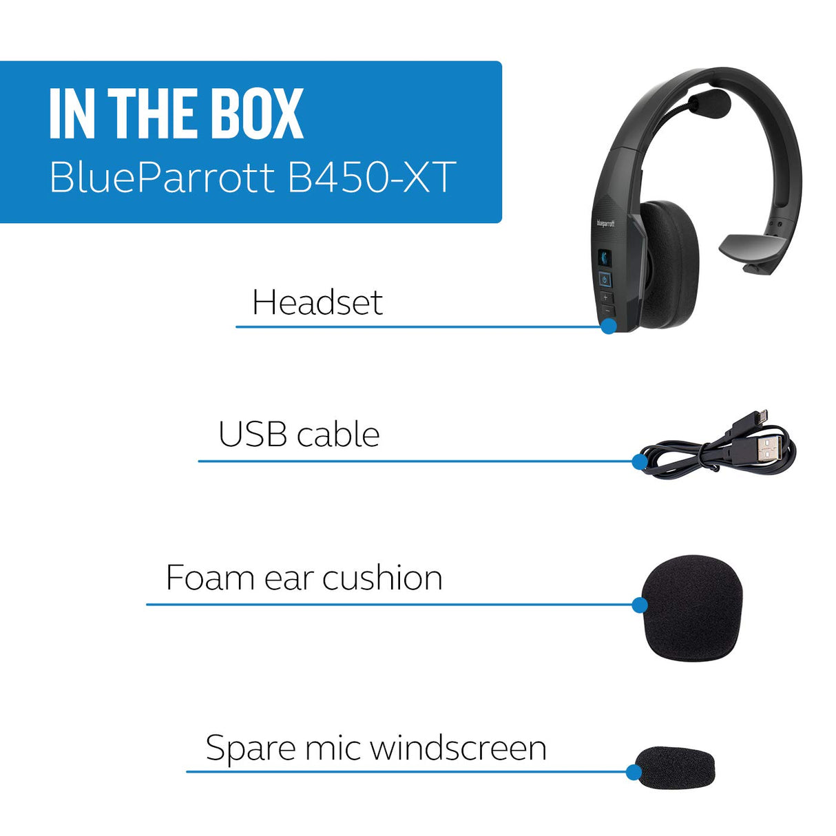 blucoil BlueParrott B450-XT Noise Cancelling Bluetooth Headset - Updated Design with Industry Leading Sound & Improved Comfort, Up to 24 Hours Bundle Headphone Carrying Case, and USB Wall Adapter