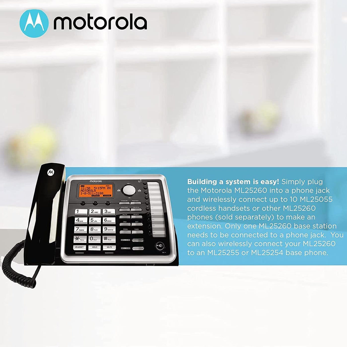Motorola ML25260 2-Line Corded Phone with Full Duplex Speakerphone & Caller ID/Call Waiting Bundle with 3-Pack of ML25055 DECT 6.0 Cordless Handsets, Blucoil 10' Cat5e Cable, and 10 AAA Batteries