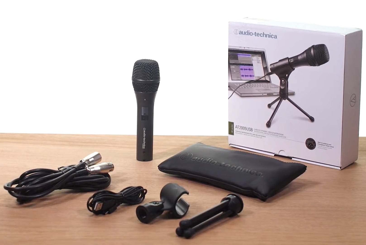 blucoil Audio Technica AT2005USB Cardioid Dynamic USB/XLR Microphone for PA Systems, Windows and Mac Bundle with Desk Tripod Mic Stand Boom Arm Plus Pop Filter
