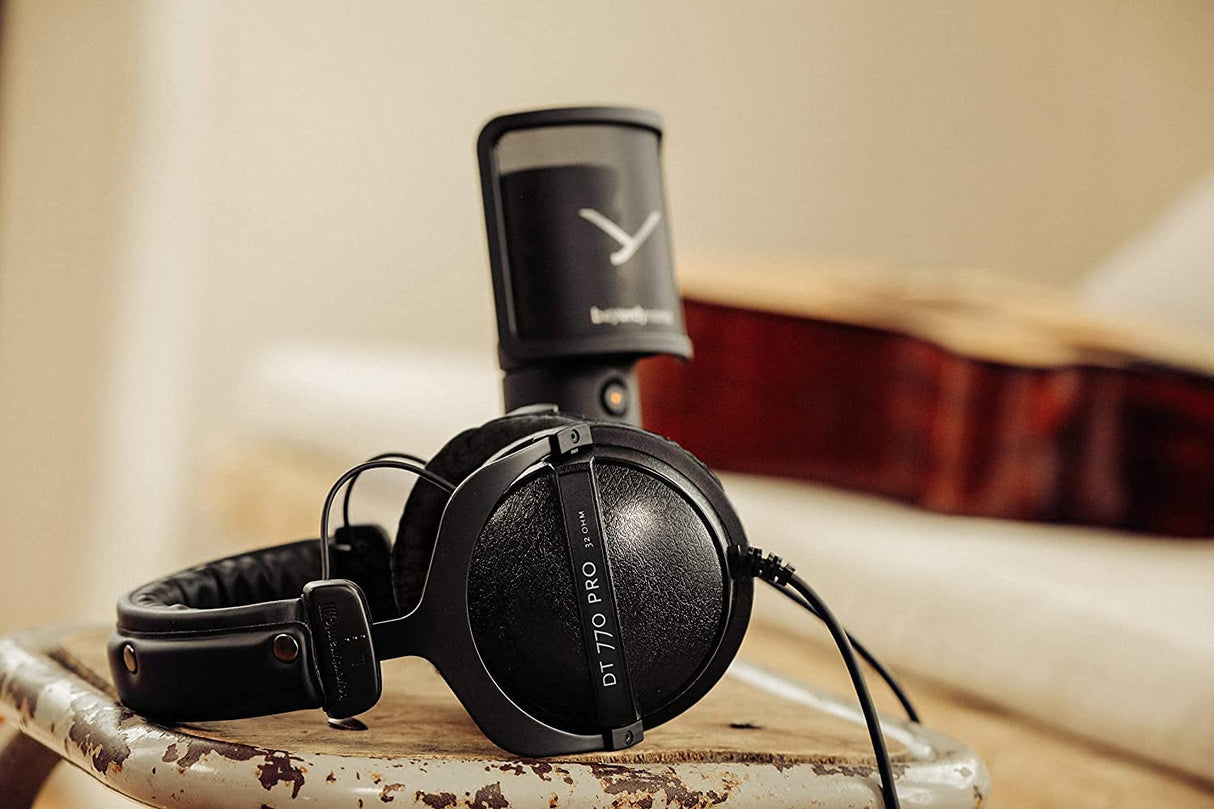 blucoil Beyerdynamic DT 770 PRO 32 Ohm Over-Ear Studio Headphones in Black for Smartphones, Tablets, Mobile Devices Bundle 4-Channel Headphone Amplifier, and 6' 3.5mm Extension Cable