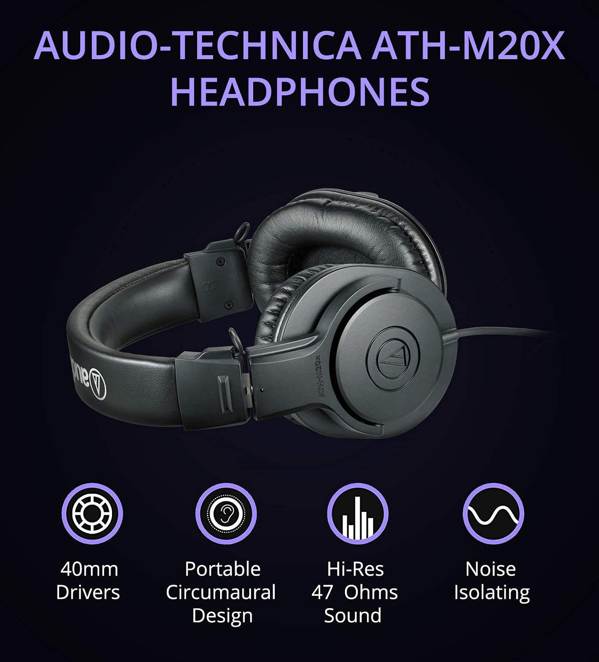Audio-Technica ATH-M20x Professional Studio Monitor Headphones, Black Bundle with Blucoil Aluminum Dual Suspension Headphone Hanger, and 6-FT Audio Extension Cable (3.5mm)