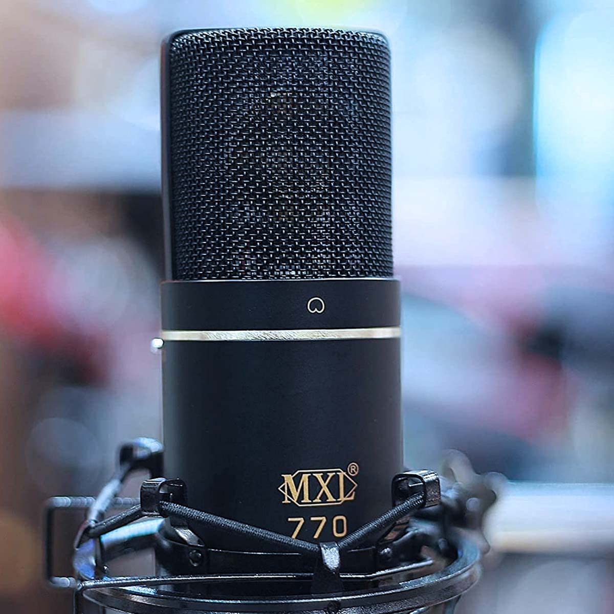 blucoil MXL 770 Cardioid Condenser Microphone (Black) Bundle 10-FT Balanced XLR Cable, Boom Arm Plus Pop Filter, 4X 12 Acoustic Wedges, and Samson SR350 Over-Ear Stereo Headphones