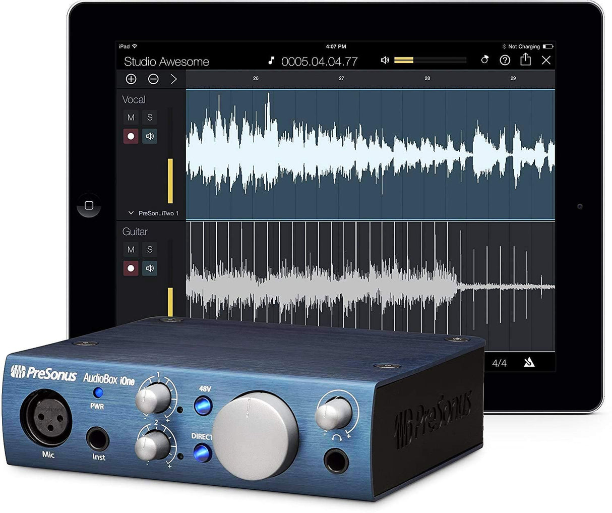 PreSonus AudioBox iOne 2x2 USB/iPad Audio Interface for Windows, Mac, and iOS Bundle with Blucoil Boom Arm Plus Pop Filter, 10-FT Balanced XLR Cable, and 10-FT Straight Instrument Cable (1/4in)