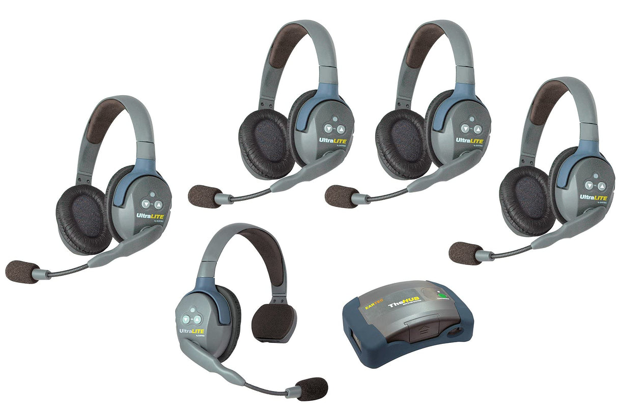 Eartec HUB514 - 5 Person System with 1 Single, 4 Double Wireless Communication Headsets and 1 HUB Mini Base Transceiver (Renewed)