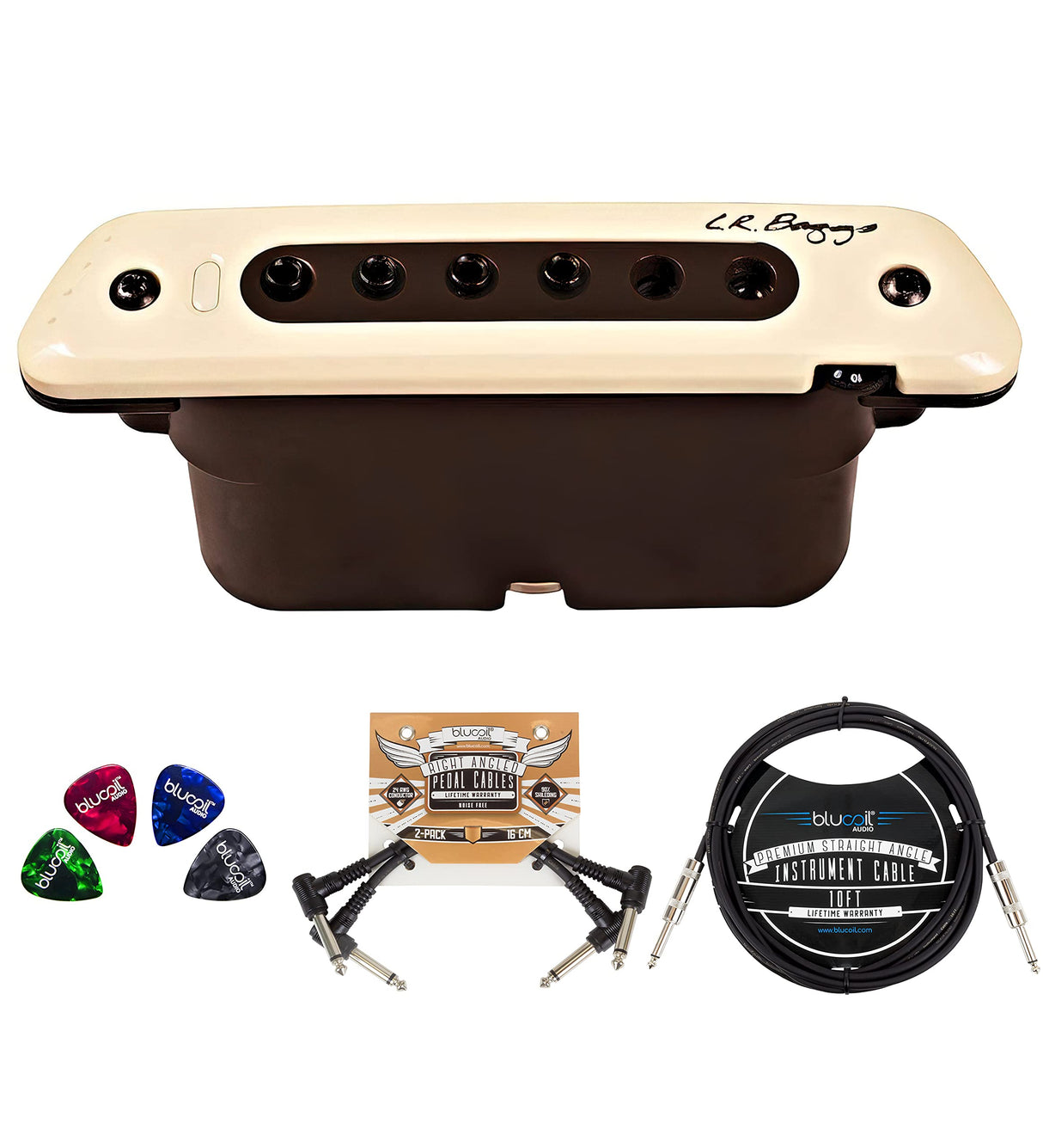 LR Baggs L R Baggs M80 Acoustic Guitar Magnetic Soundhole Pickup Bundle with Blucoil 2 Pack of Pedal Patch Cables 10 FT Straight Instrument Cable 14in and 4 Pack of Celluloid Guitar Picks