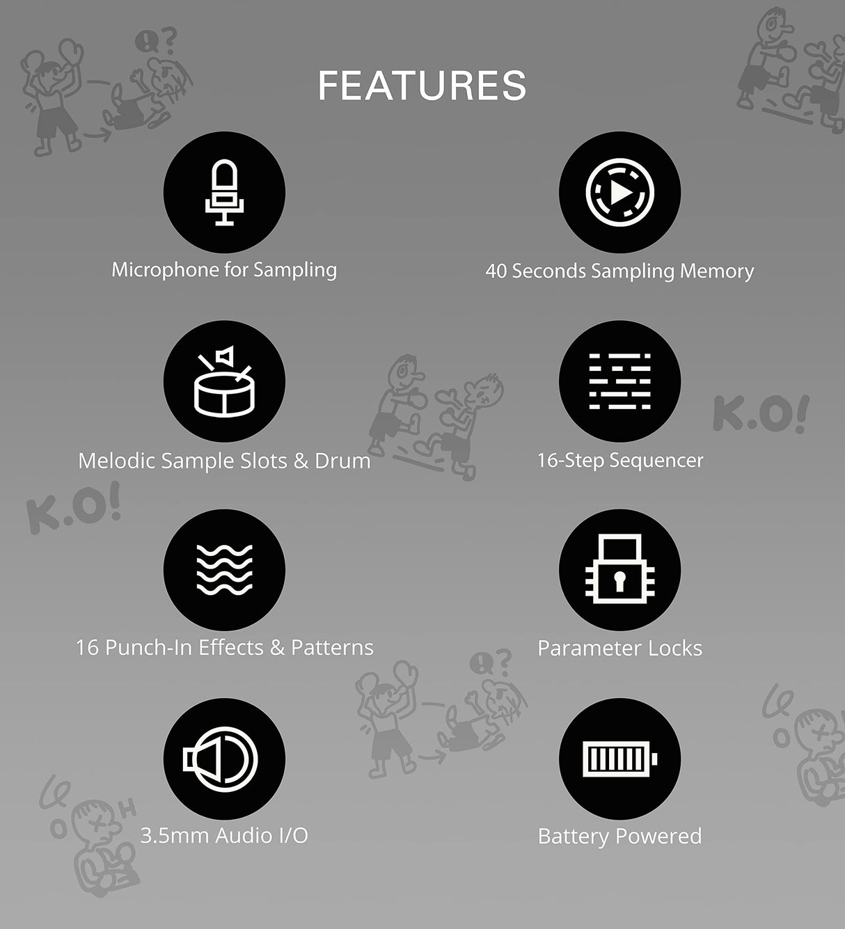 teen age engineering PO-33 Pocket Operator KO Sampler/Sequencer Bundle with Blucoil 3-Pack of 7" Audio Aux Cables, and 4 AAA Batteries