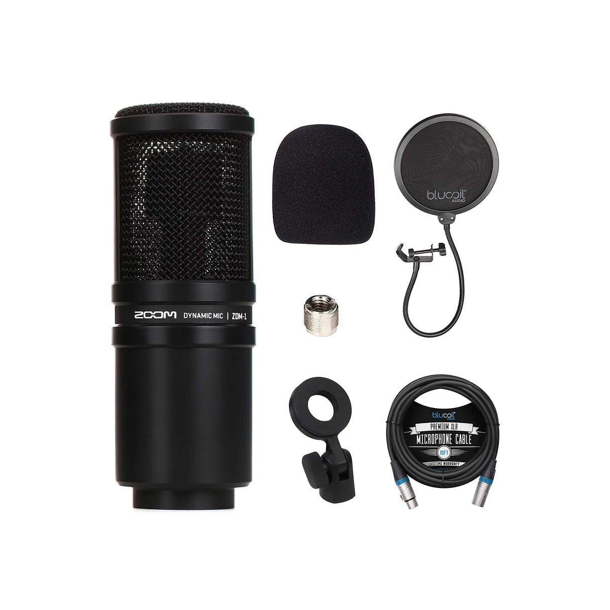 Zoom ZDM-1 Dynamic Microphone for Podcasts, Broadcasts, and Music Recording Bundle with Blucoil Pop Filter Windscreen, and 10-FT Balanced XLR Cable