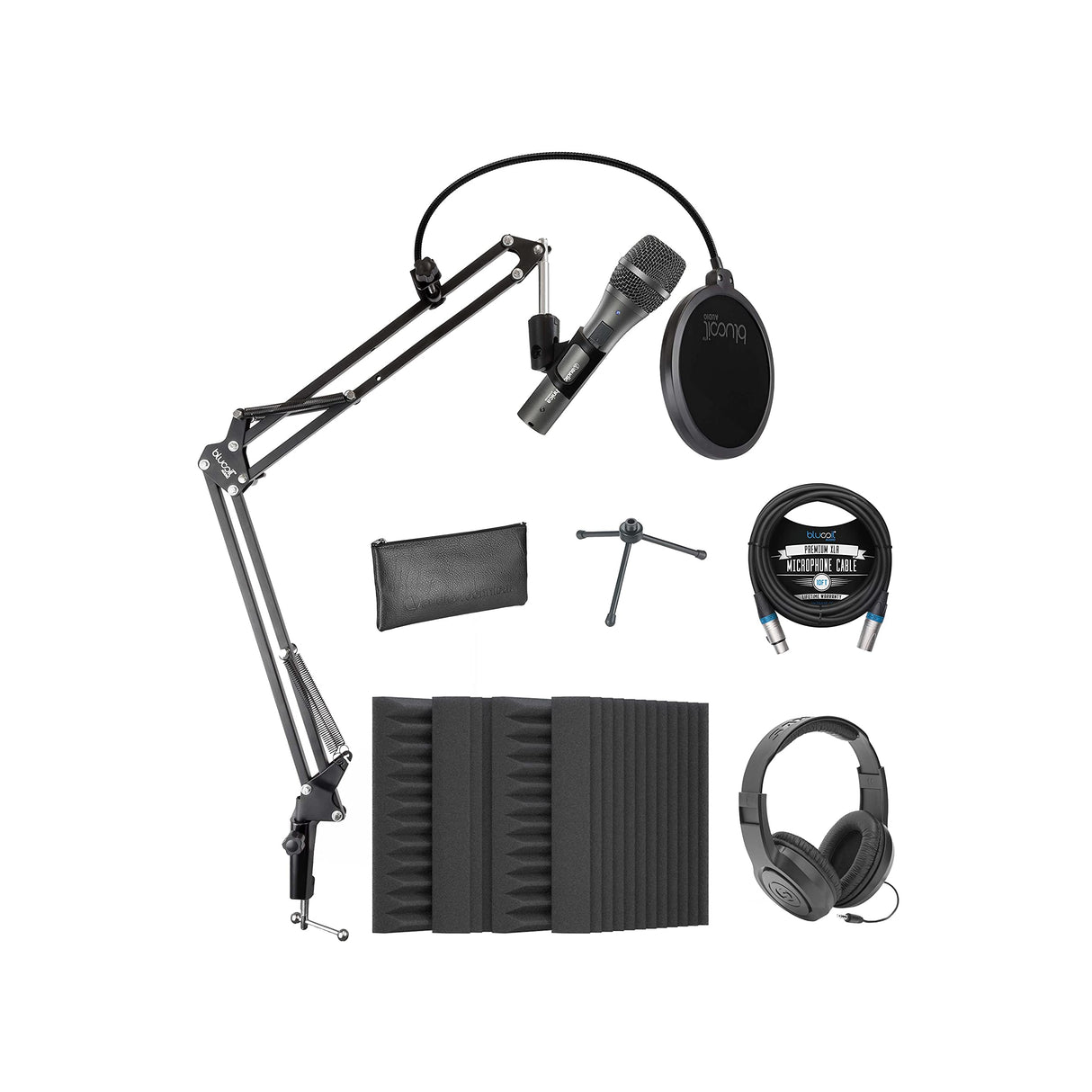 Audio-Technica AT2005USB Cardioid Dynamic USB/XLR Microphone Bundle with Blucoil 4-Pack of 12 Acoustic Wedges, 10' XLR Cable, Boom Arm Plus Pop Filter, and Samson SR350 Over-Ear Stereo Headphones