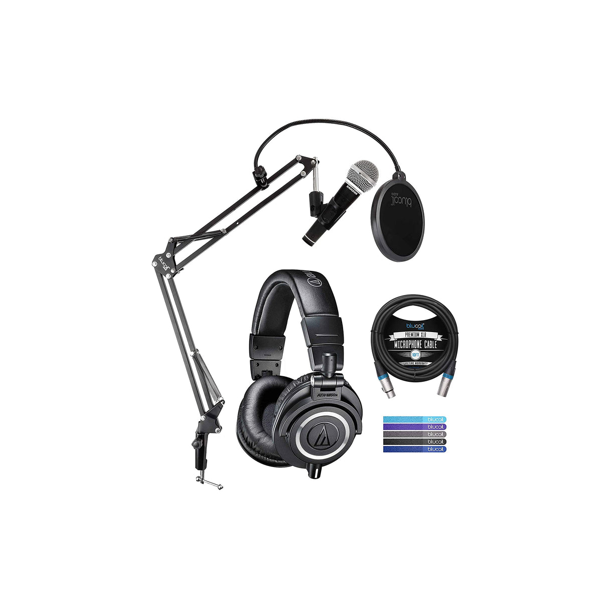 blucoil Audio Technica ATH-M50X Professional Studio Monitor Headphones, Black Bundle with Samson R21S Dynamic Microphone, Boom Arm Plus Pop Filter, 10' XLR Cable, and 5-Pack of Reusable Cable Ties
