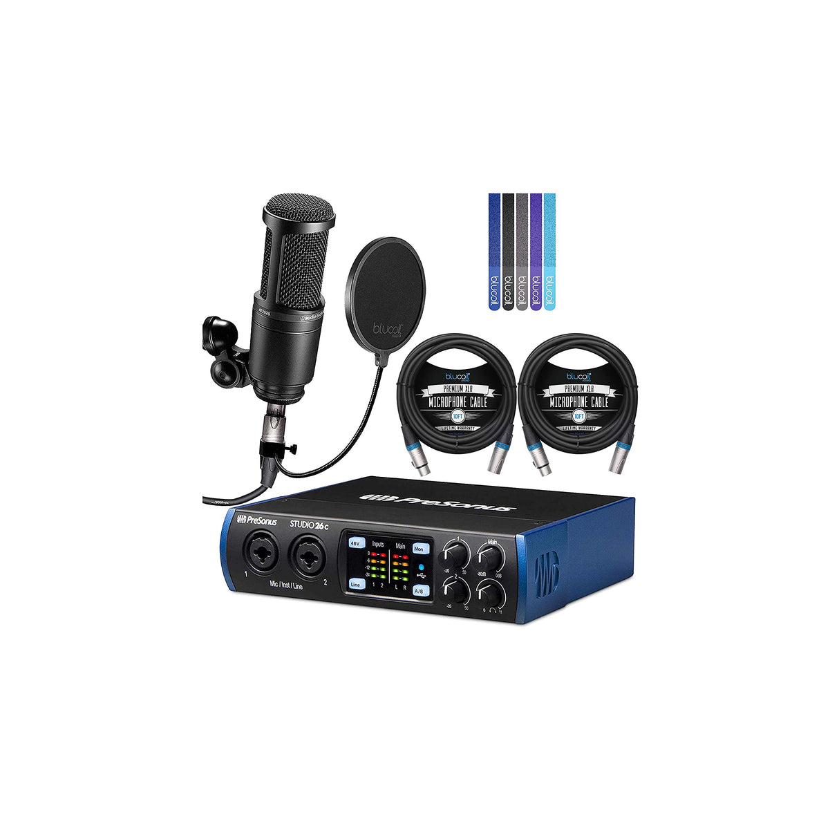 PreSonus Studio 26c 2x4, 192 kHz, USB Audio Interface for Mac & Windows Bundle with Studio One Artist, Audio Technica AT2020 Microphone, Blucoil 2x 10' XLR Cables, Pop Filter, and 5x Cable Ties