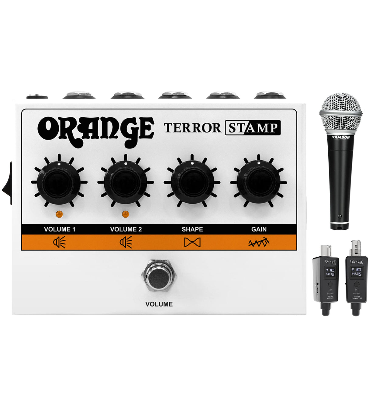 Orange Terror Stamp 20W Valve Hybrid Guitar Amp Pedal Bundle with Blucoil Wireless Mic System, and Samson R21S Dynamic Microphone
