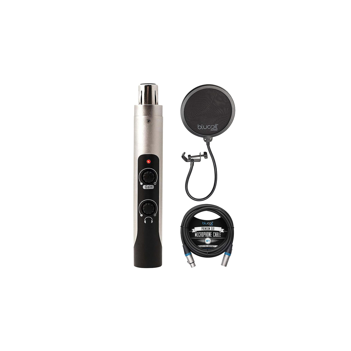 MXL Mic Mate Pro XLR to USB Microphone Preamp for Windows and Mac Bundle with Blucoil 10-FT Balanced XLR Cable, Pop Filter Windscreen, and 5-Pack of Reusable Cable Ties