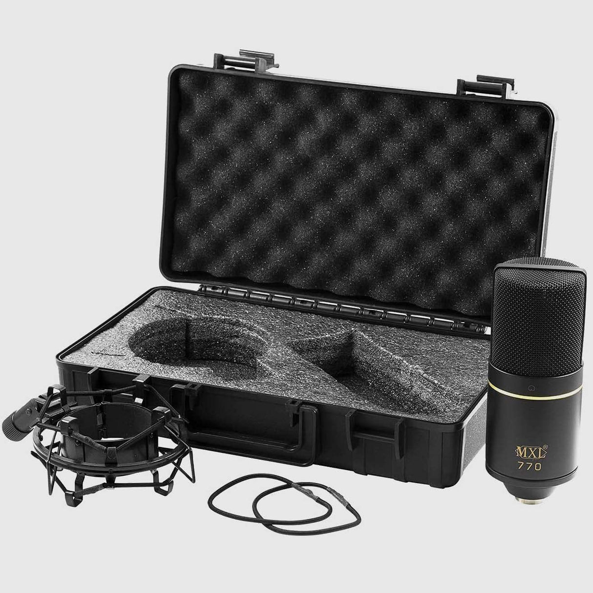 MXL 770 Cardioid Condenser Microphone (Black) Bundle with Blucoil Portable USB Audio Interface for Windows and Mac, 10' XLR Cable, Boom Arm Plus Pop Filter, and 5-Pack of Reusable Cable Ties