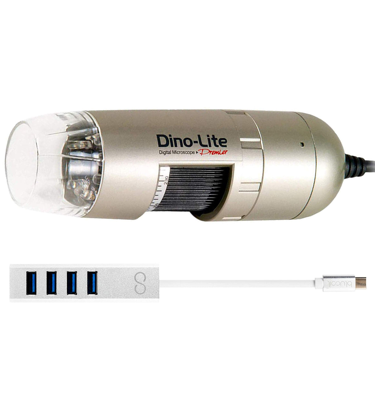 Dino-Lite AM3111 Handheld Digital Microscope with USB 2.0 Connection and Annotating Tools, 10x - 50x, 230x Magnification Bundle with Blucoil Mini USB Type-C Hub with 4 USB Ports