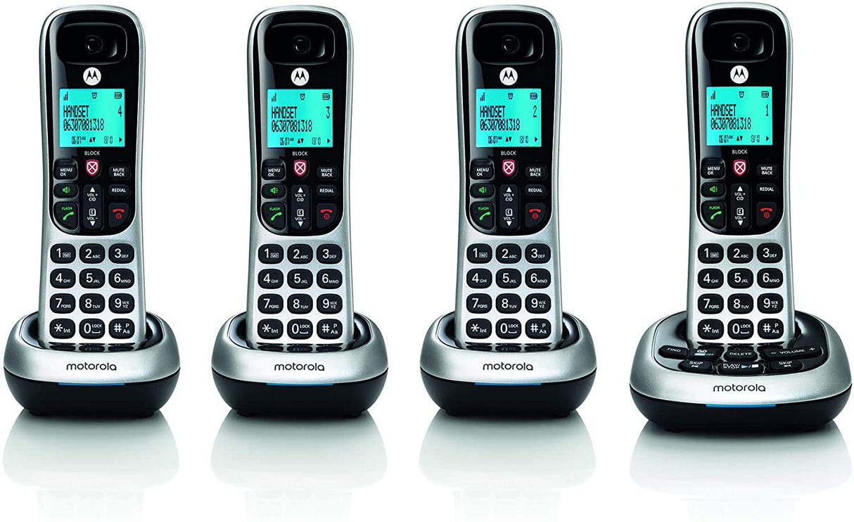 Motorola CD4014 DECT 6.0 Cordless Phones with Digital Answering Machine and Call Block (4-Pack) Bundle with Blucoil 10-FT 1 Gbps Cat5e Cable, and Reusable Cable Ties (5-Pack)
