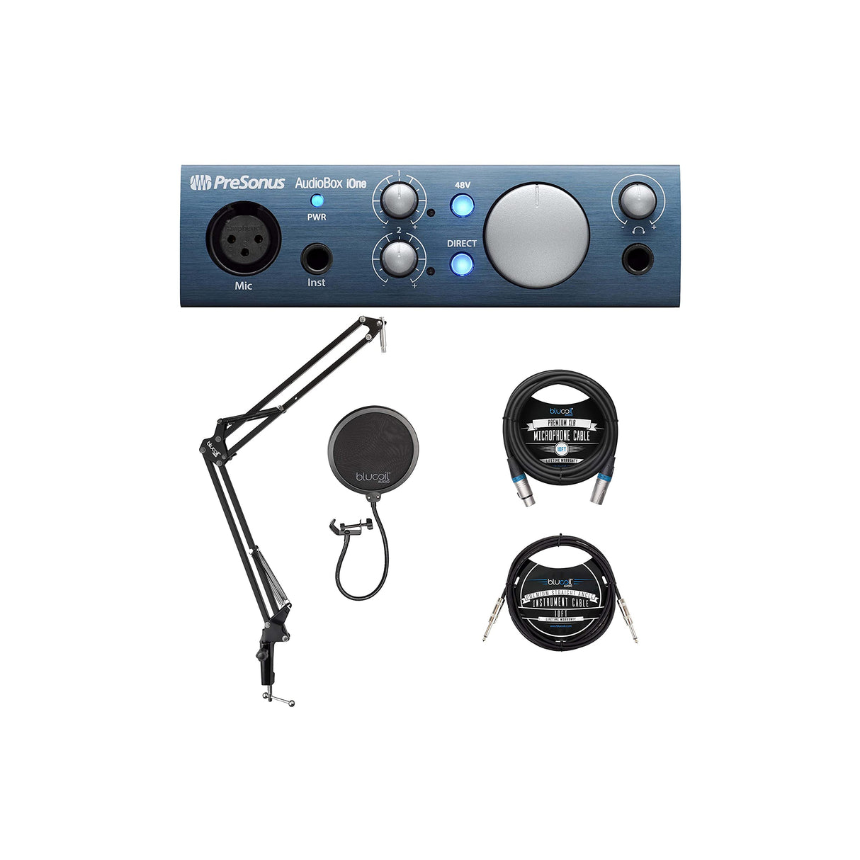 PreSonus AudioBox iOne 2x2 USB/iPad Audio Interface for Windows, Mac, and iOS Bundle with Blucoil Boom Arm Plus Pop Filter, 10-FT Balanced XLR Cable, and 10-FT Straight Instrument Cable (1/4in)
