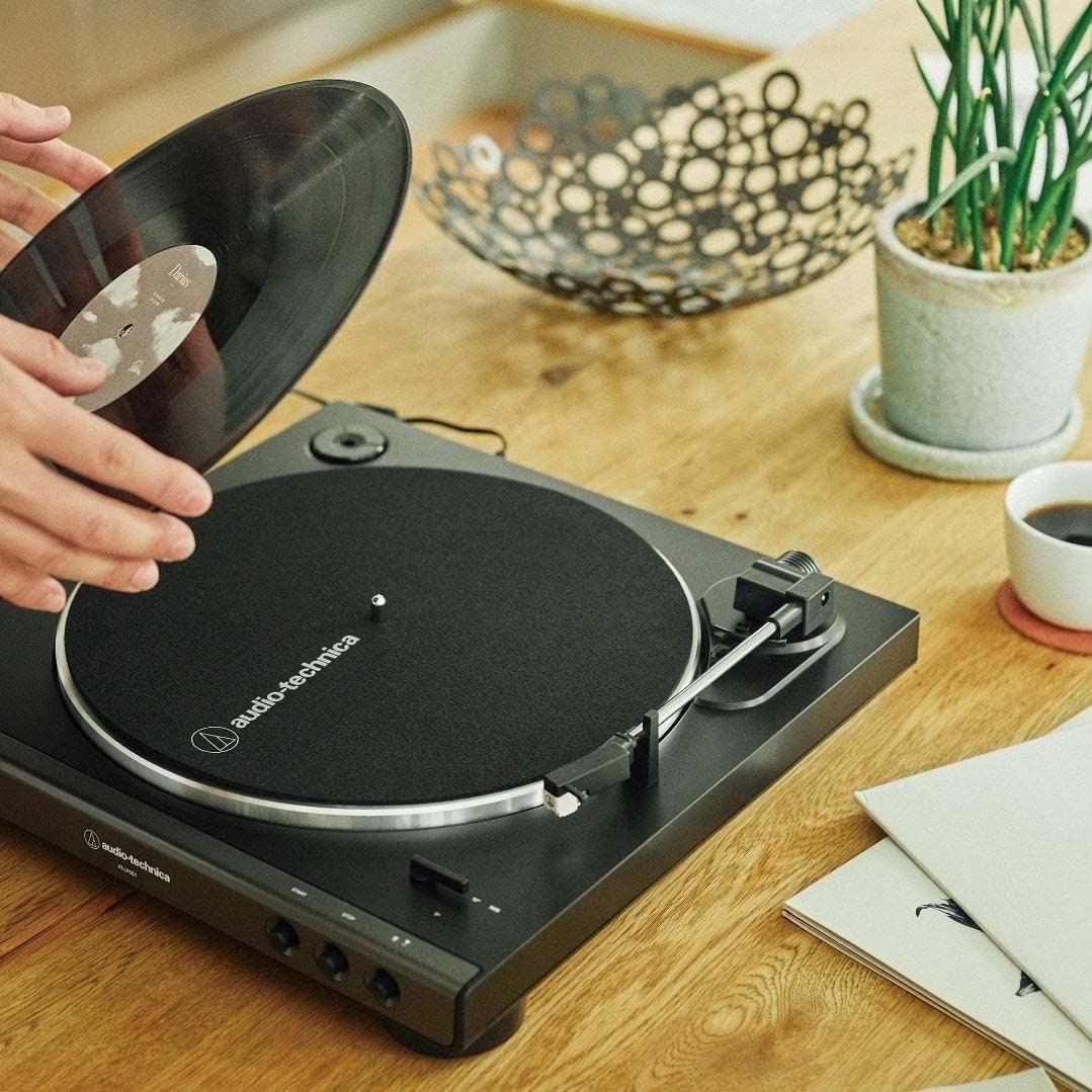 Audio Technica AT-LP60X-BK Fully Automatic Belt-Drive Stereo Turntable, Black, Hi-Fi Bundle with Blucoil Vinyl Cleaning Kit, 2-Pack of LP Inner Sleeves for Vinyl Records, and 12" Turntable Slipmat