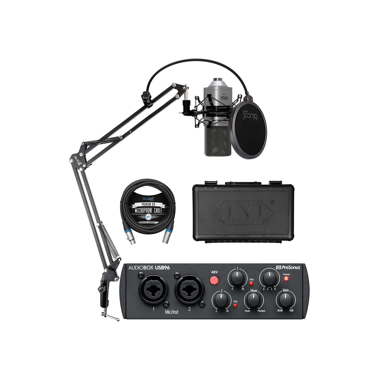 PreSonus AudioBox USB 96 25th Anniversary Audio Interface for Windows and Mac Bundle with MXL 770 Cardioid Condenser Microphone (Silver), Blucoil Boom Arm Plus Pop Filter, and 10-FT Balanced XLR Cable
