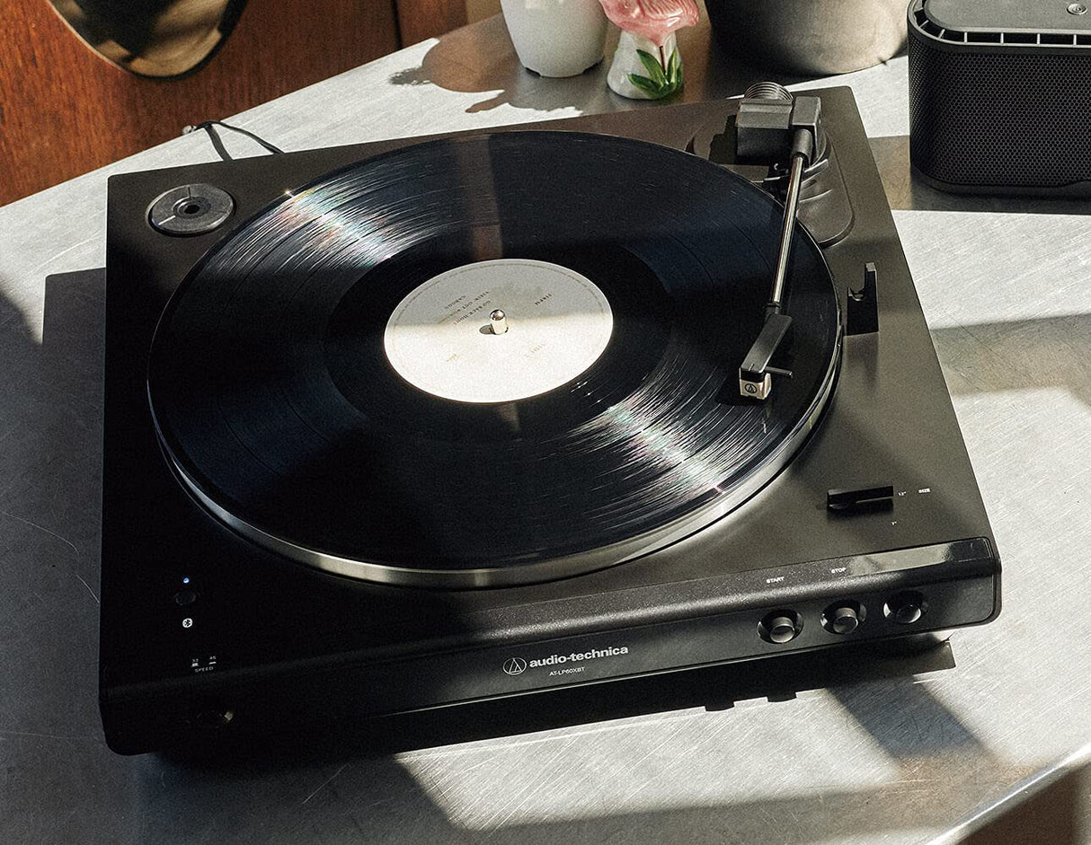 Audio Technica AT-LP60XBT Fully Automatic Wireless Bluetooth Belt-Drive Turntable (Black) Bundle with Blucoil 2-in-1 Vinyl Cleaning Kit, 2X LP Inner Sleeves, and 12" Turntable Slipmat