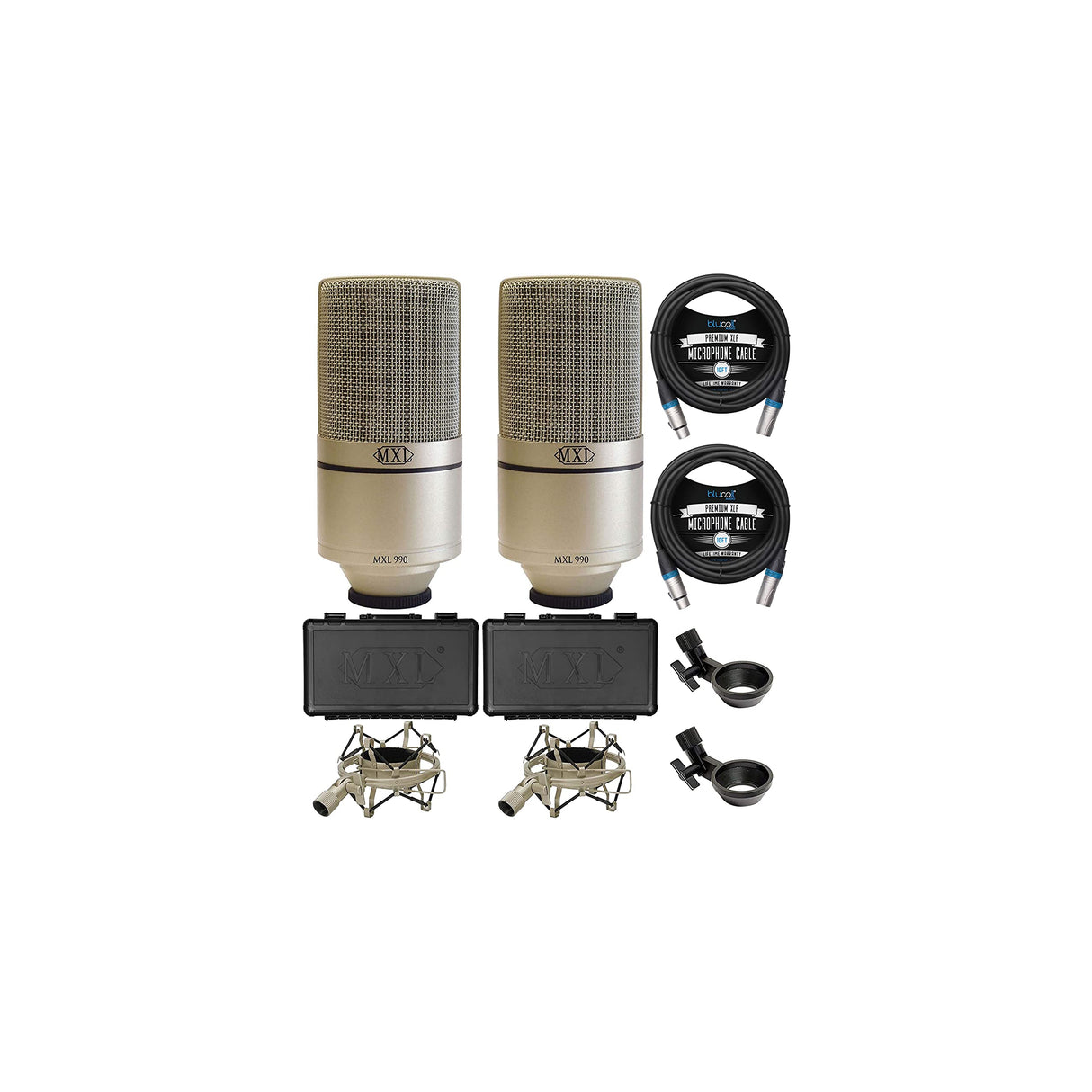 MXL 990 Cardioid Condenser Microphones for Vocal and Acoustic Instrument Recording (2-Pack, Champagne) Bundle with Blucoil 10-FT Balanced XLR Cables (2-Pack)