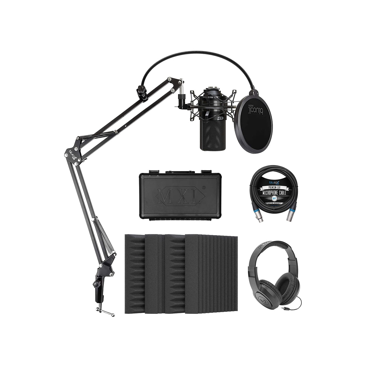 MXL 990 Cardioid Condenser Microphone (Black) Bundle with Blucoil 4-Pack of 12 Acoustic Foam Isolation Panel Wedges, 10-FT Balanced XLR Cable, Boom Arm Plus Pop Filter, and Samson SR350 Headphones