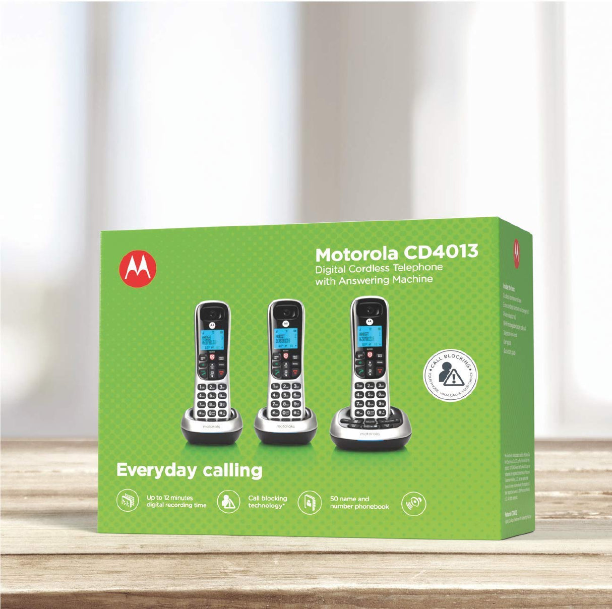 Motorola CD4013 DECT 6.0 Cordless Phones with Digital Answering Machine and Call Block (3-Pack) Bundle with Blucoil 10-FT 1 Gbps Cat5e Cable, and Reusable Cable Ties (5-Pack)
