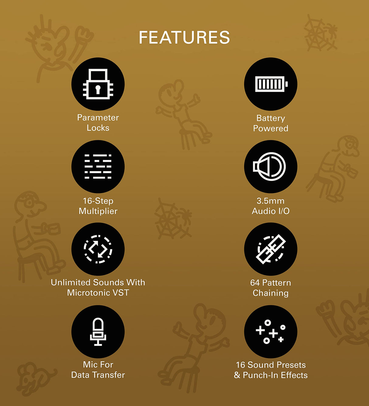 teen age engineering PO-32 Pocket Operator Tonic Drum Synth Bundle with Blucoil 3-Pack of 7" Audio Aux Cables, and 4 AAA Batteries